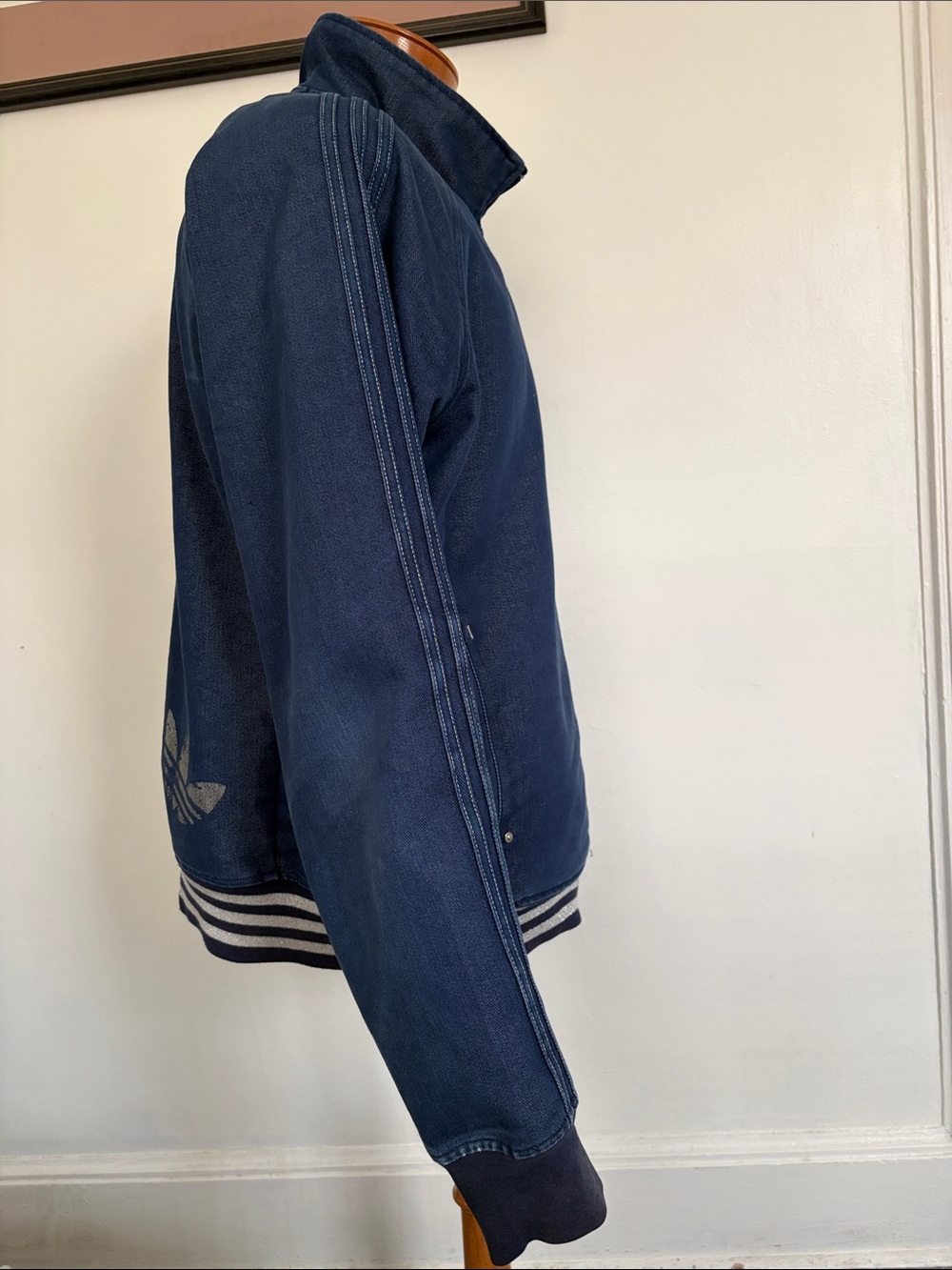 Denim Adidas jacket with two pockets in front has Adidas logo on front and back - Picture 4 of 5